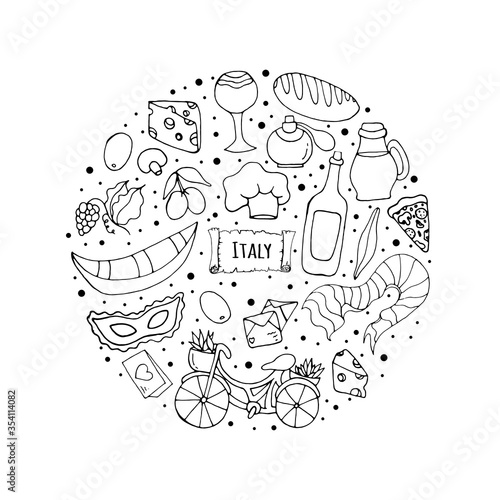 Set with Italian attributes. Individual elements of romantic Italy. Design of postcards, invitation cards, posters, stickers, clothing, fabrics. Vector encoded illustration with Italian design element