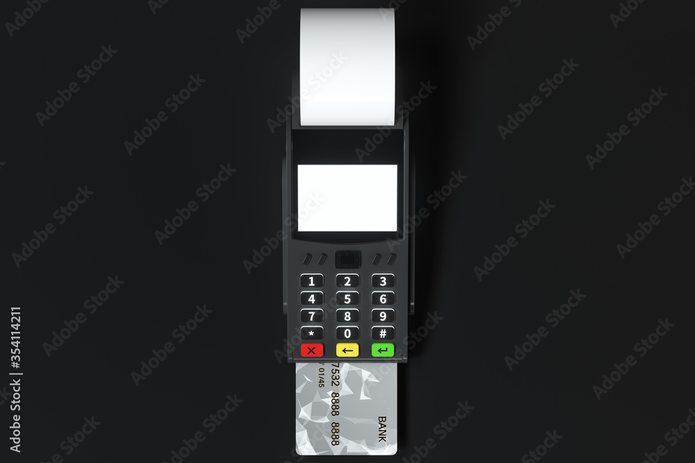 Swiping the POS machine, black background, 3d rendering. Swiping the POS machine, black background, 3d rendering.