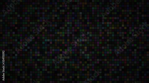 Abstract illustration of small multicolored squares or pixels on black background