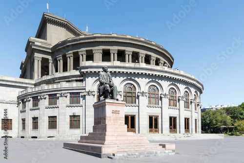 Hovhannes Tumanyan statue and Yerevan Opera Theatre in Freedom Square  Yerevan  Armenia