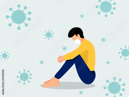 Mental health  illness  brain development  medical treatment  concept  sad and unhappy man wearing medical mask with covid-19 or coronavirus background    vector illustration