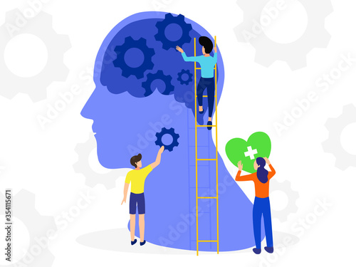Mental health ,brain development  medical treatment concept,people work together to set up heart and gear to brain, setting good mindset and attitude on gear   background, vector  illustration