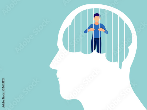 Mental health, illness ,brain development ,medical treatment  concept, sad and unhappy man were imprisoned by human brain with cage of thought , vector illustration