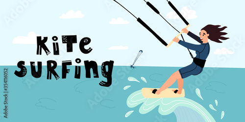 Banner template, web page design. Kite surfing hand lettering and sportsmen girl ride a wave.