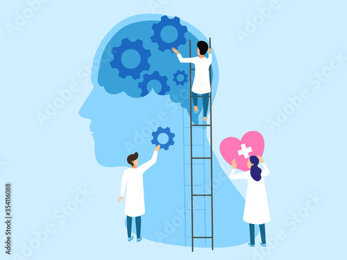Mental health ,brain development  medical treatment concept, doctors  work together to set up heart and gear to brain, setting good mindset and attitude on gear   background , vector  illustration