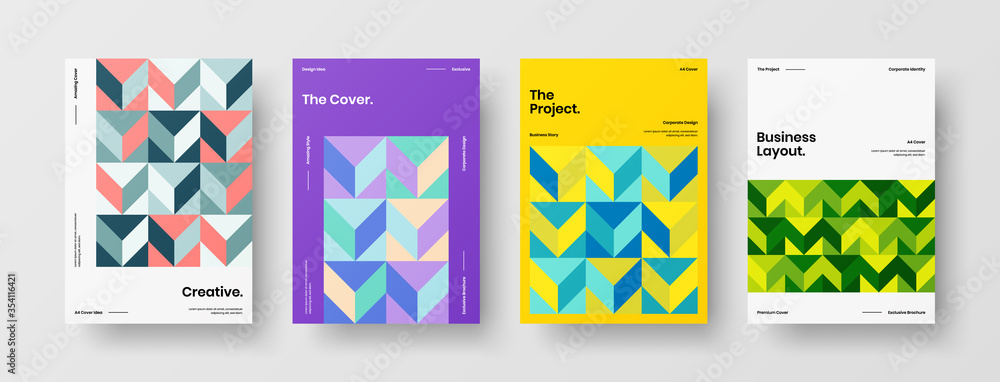 Company identity brochure template collection. Business presentation vector A4 vertical orientation front page mock up set. Corporate report cover abstract geometric illustration design layout bundle.