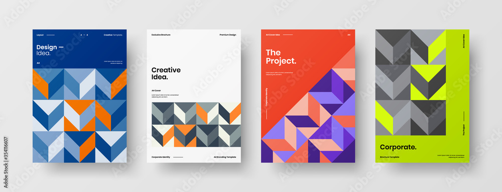 Company identity brochure template collection. Business presentation vector A4 vertical orientation front page mock up set. Corporate report cover abstract geometric illustration design layout bundle. Company identity brochure template collection. Business presentation vector A4 vertical orientation front page mock up set. Corporate report cover abstract geometric illustration design layout bundle.