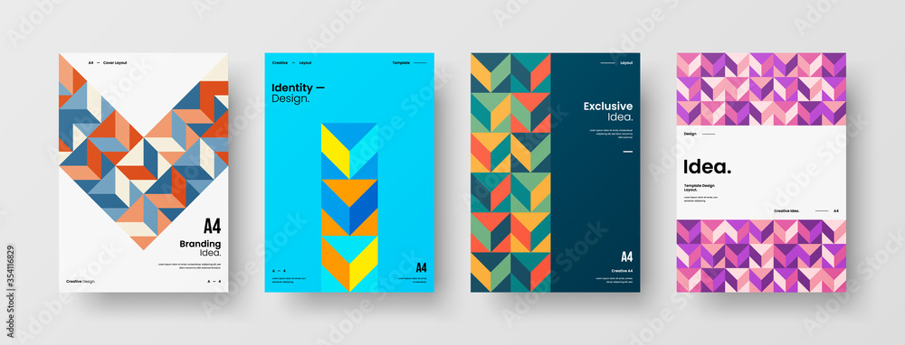 Company identity brochure template collection. Business presentation vector A4 vertical orientation front page mock up set. Corporate report cover abstract geometric illustration design layout bundle.