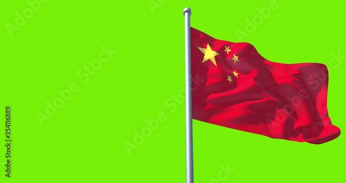 China flag on flagpole on green background. China Flag in Slow Motion.  The People's Republic of China (PRC) flag waving in wind. Great for History, presentation with texts and corporate projects.