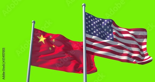 China and USA flag chroma key on a flagpole realistic wave on wind not synchronously, solid background. The People's Republic of China (PRC) and The United States of America (USA).