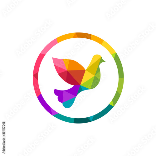 Bird icon made in colorful low poly design. Beautiful and abstract silhouette of a flying bird. Polygonal circle with many colors around it. Vector illustration isolated on white background.