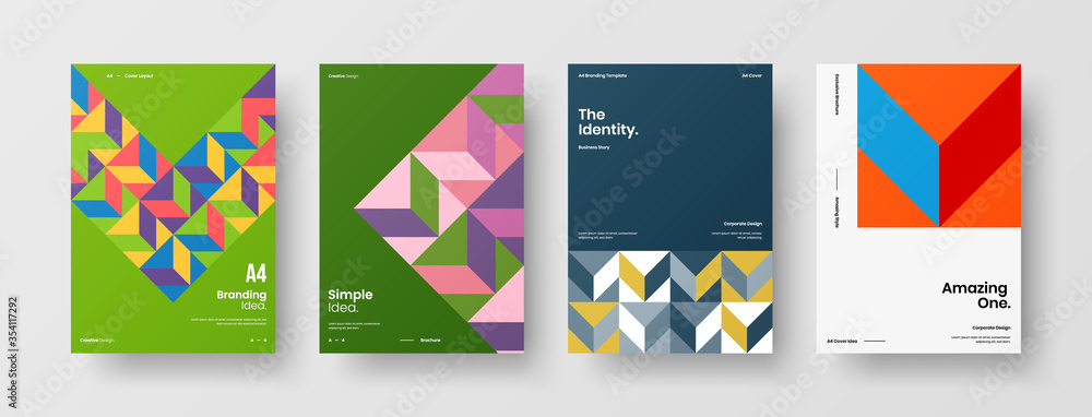 Fototapeta premium Company identity brochure template collection. Business presentation vector A4 vertical orientation front page mock up set. Corporate report cover abstract geometric illustration design layout bundle.