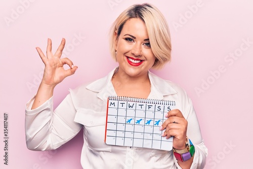 Young beautiful plus size tourist woman holding travel calendar over isolated pink background doing ok sign with fingers, smiling friendly gesturing excellent symbol