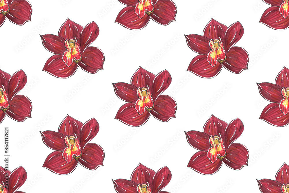 Red Orchid. Flowers seamless pattern isolated on white background.