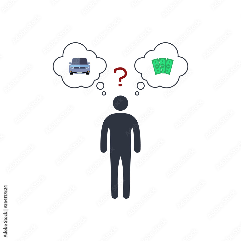 person before a choice. car or money. automobile VS dollar banknote. vector concept symbol person before a choice. car or money. automobile VS dollar banknote. vector concept symbol