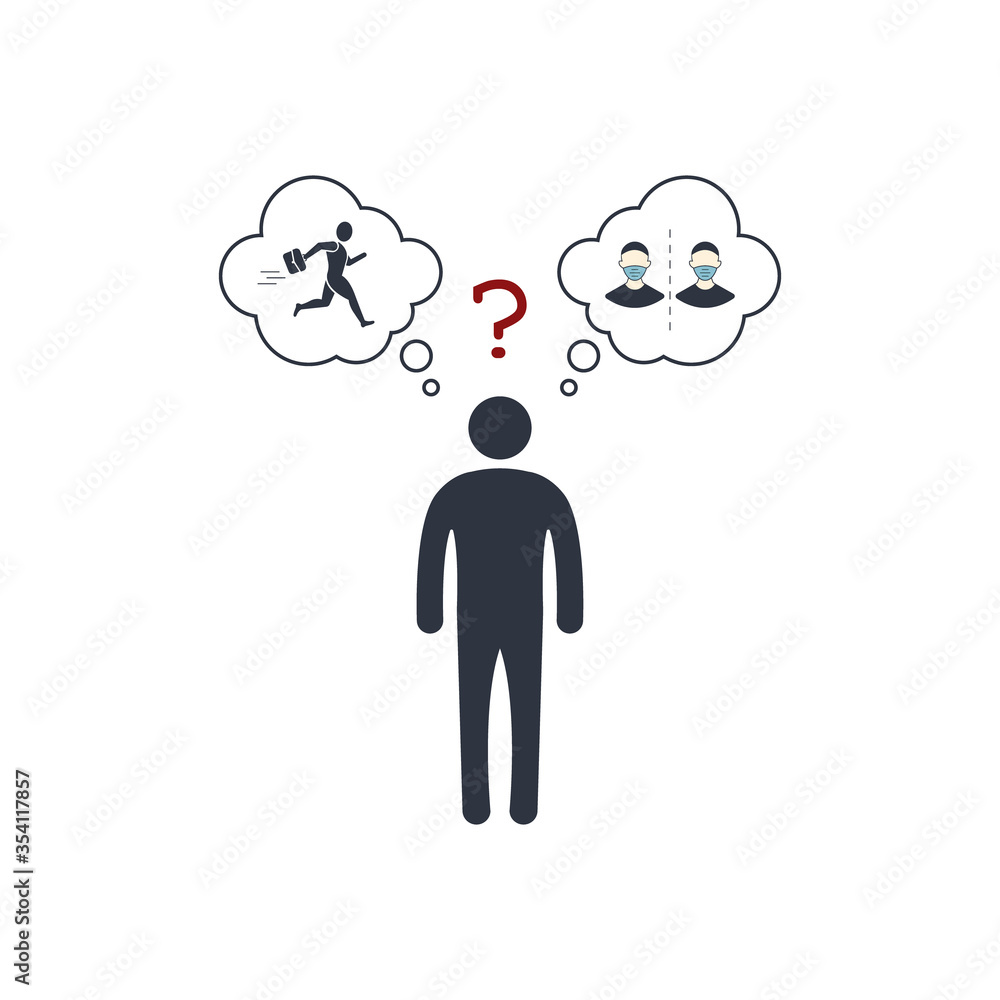 person before a choice. work or social distance. job VS health. vector concept symbol person before a choice. work or social distance. job VS health. vector concept symbol