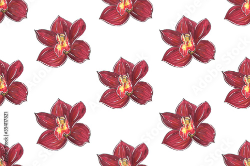 Red Orchid. Flowers seamless pattern isolated on white background.