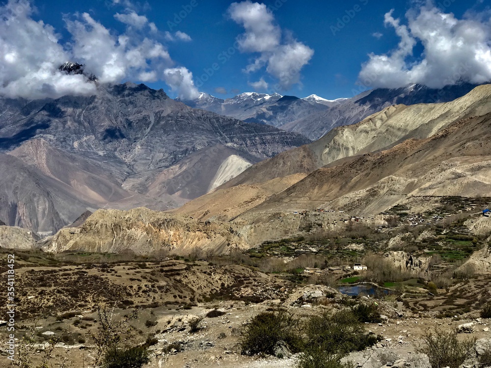 mountain landscape with blue sky in Mustang Nepal