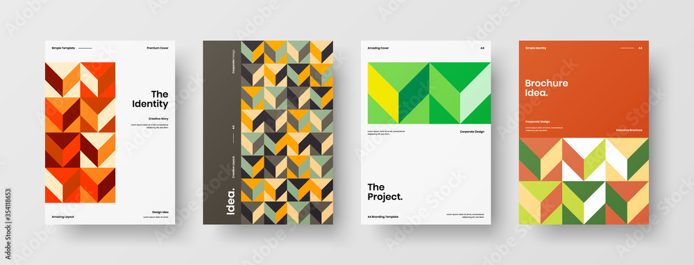 Obraz premium Company identity brochure template collection. Business presentation vector A4 vertical orientation front page mock up set. Corporate report cover abstract geometric illustration design layout bundle.