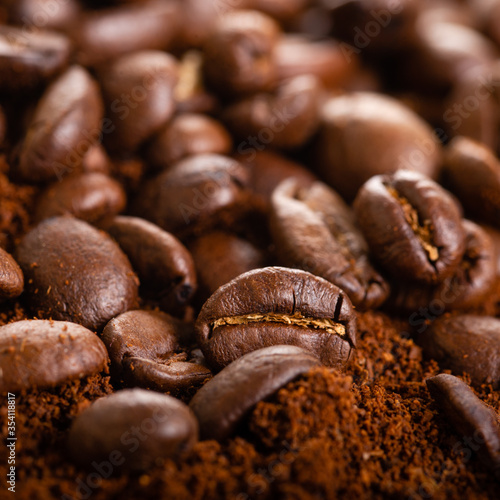 Coffee Beans and Grounds Close up. Background.