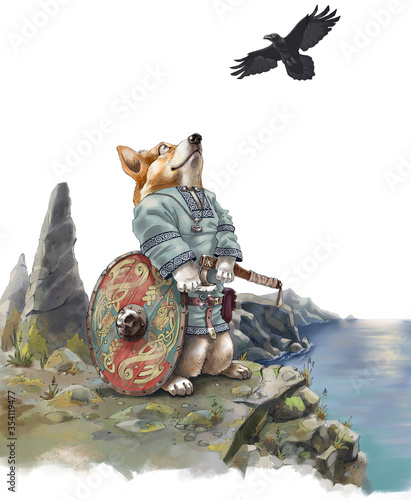 Detailed illustration of corgi the dog on the sea cliff. It wearing a traditional viking clothing and holding a battle axe. (ID: 354119477)