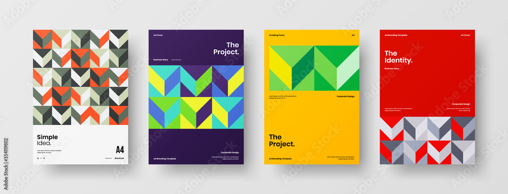 Fototapeta premium Company identity brochure template collection. Business presentation vector A4 vertical orientation front page mock up set. Corporate report cover abstract geometric illustration design layout bundle.