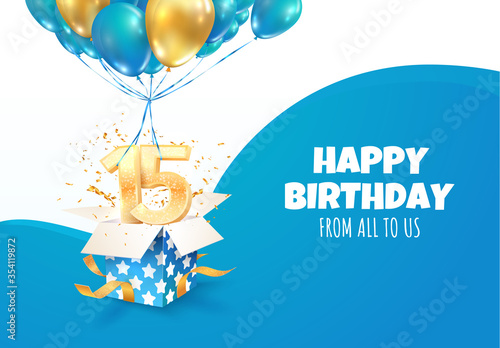 Celebrating of 15 th years birthday vector illustration. Fifteen anniversary celebration. Teenage birth day. Open gift box with numbers one and five flying on balloons 