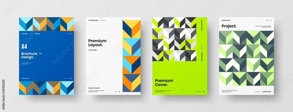 Fototapeta premium Company identity brochure template collection. Business presentation vector A4 vertical orientation front page mock up set. Corporate report cover abstract geometric illustration design layout bundle.