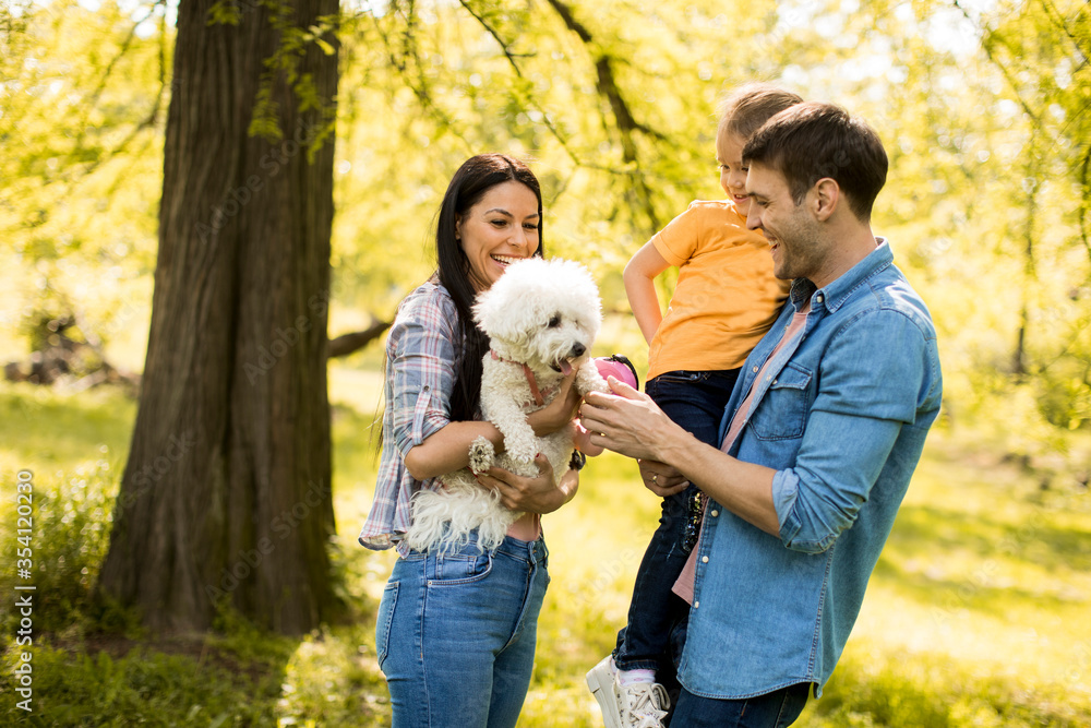 Happy family with cute bichon dog in the park Happy family with cute bichon dog in the park