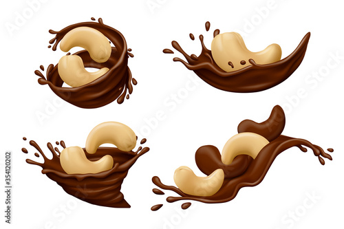 Cashew nuts in chocolate splashes with drops isolated on white background. Realistic vector illustration.