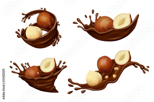 Hazelnuts in chocolate splashes with drops isolated on white background. Realistic vector illustration.