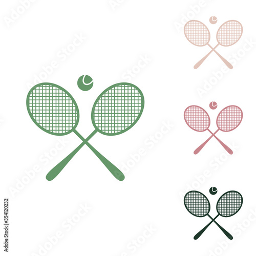 Two tennis racket with ball sign. Russian green icon with small jungle green, puce and desert sand ones on white background. Illustration.