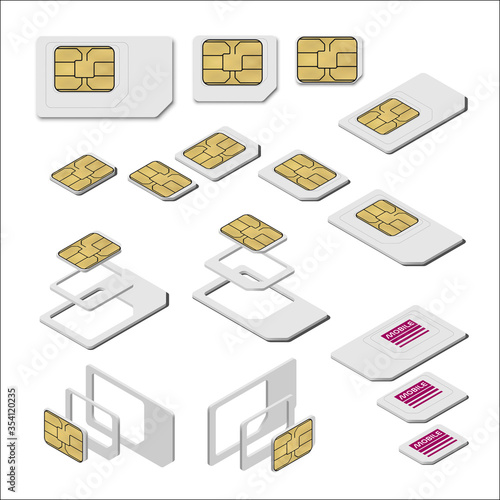 Three Types of SIM Card - Standard, Micro and Nano. Top and Isometric Views. Realistic Vector Illustration