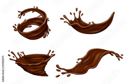 Set of chocolate splashes with drops isolated on white background. Realistic vector illustration.