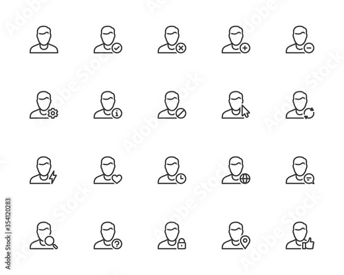 Vector Icon Set of Male User Avatars for Account. Outline or Thin Line Style