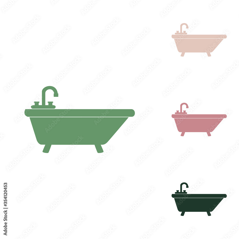 Bathtub sign illustration. Russian green icon with small jungle green, puce and desert sand ones on white background. Illustration. Bathtub sign illustration. Russian green icon with small jungle green, puce and desert sand ones on white background. Illustration.