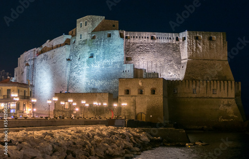 Night photo of Castle dell'Ovo in Naples