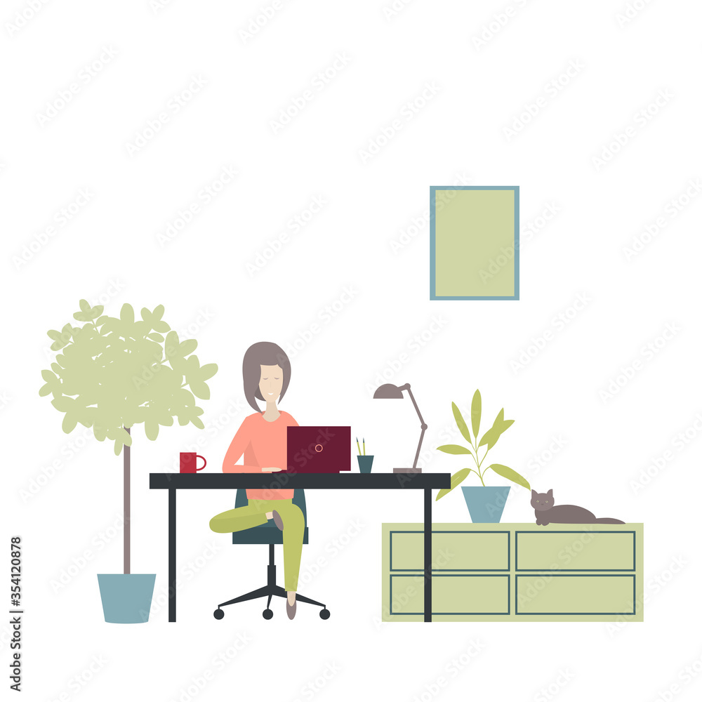 Girl works at a laptop at home. Vector illustration Girl works at a laptop at home. Vector illustration