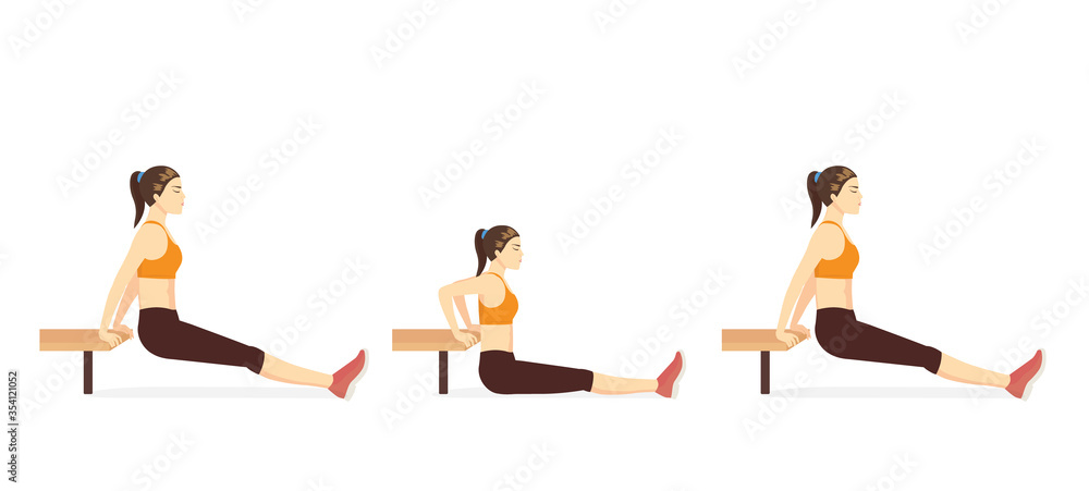 Sport woman doing fitness with Bench dip with legs straight and rest her heel on the floor. Very challenging training with a chair.