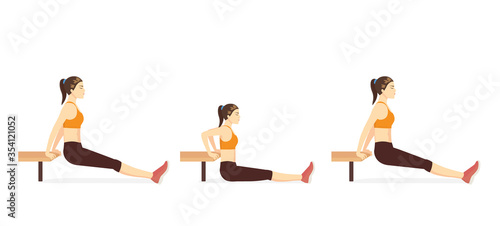 Sport woman doing fitness with Bench dip with legs straight and rest her heel on the floor. Very challenging training with a chair.
