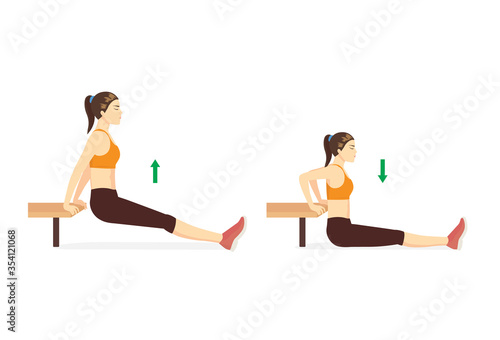 Sport woman doing hip fitness with Bench dip with legs straight in 2 steps. Exercise diagram about a very challenging workout with a chair.