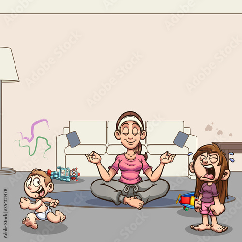 Calm mom meditating in living room while kids run around and cry. Vector cartoon clip art illustration with simple gradients. Some elements on separate layers.
