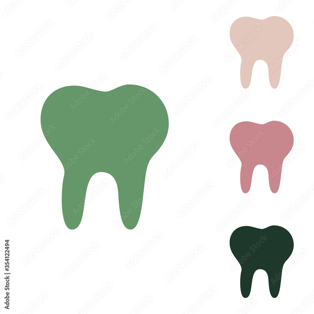 Tooth sign illustration. Russian green icon with small jungle green, puce and desert sand ones on white background. Illustration. Tooth sign illustration. Russian green icon with small jungle green, puce and desert sand ones on white background. Illustration.