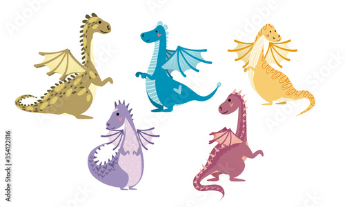 Set of bright multi-colored cartoon dragons in different poses. Cute dragons with wings and patterns on their backs. Vector children s illustration