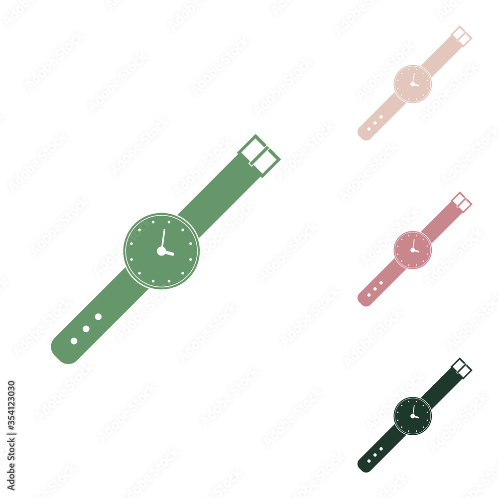 Watch sign illustration. Russian green icon with small jungle green, puce and desert sand ones on white background. Illustration. Watch sign illustration. Russian green icon with small jungle green, puce and desert sand ones on white background. Illustration.