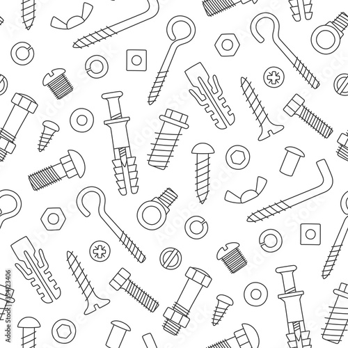 Seamless pattern of fasteners. Bolts, screws, nuts, dowels and rivets in doodle style. Hand drawn building material. Black and white vector illustration on white background