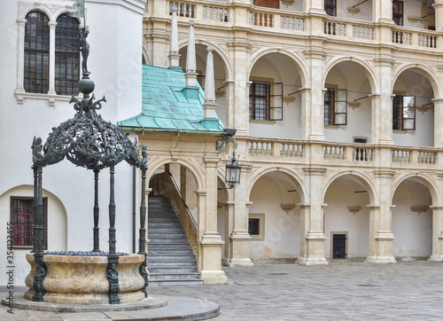 The Styrian Armoury (Landeszeughaus) courtyard in the city center of of Graz, Austria, the world's largest historic armoury