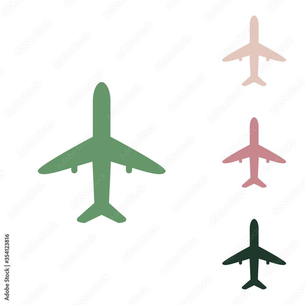 Airplane sign illustration. Russian green icon with small jungle green, puce and desert sand ones on white background. Illustration.