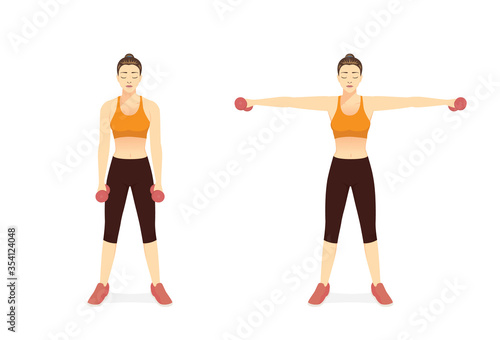 How to training Dumbbell Exercise in the Side Lateral Raise Shoulder pose by sport women. Illustration about easy Fitness with lightweight workout equipment of gym.