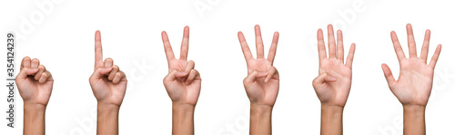 Hand isolated banner: Hand displays counting of numbers by using fingers which start from zero, one, two, three, four and five on white background and seperated clipping path